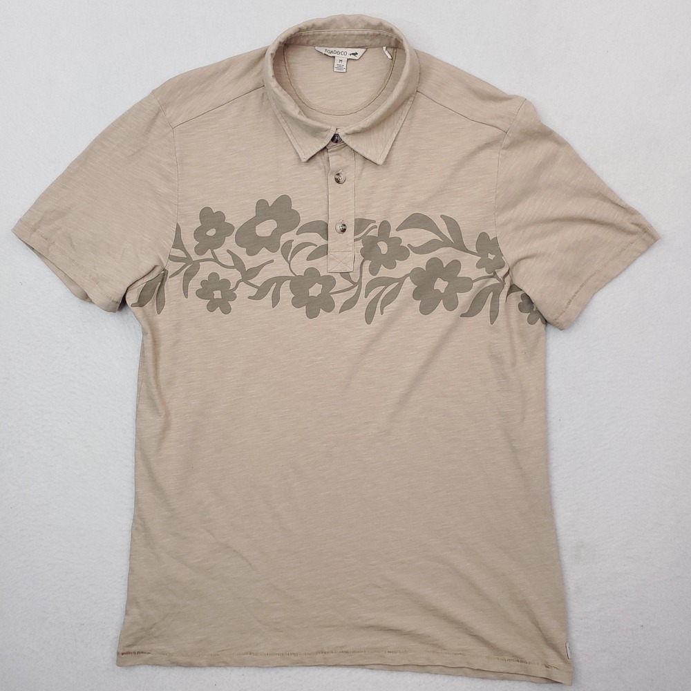Toad&Co Polo Shirt Men Medium Beige Boundless Floral Graphic Cotton Short Sleeve